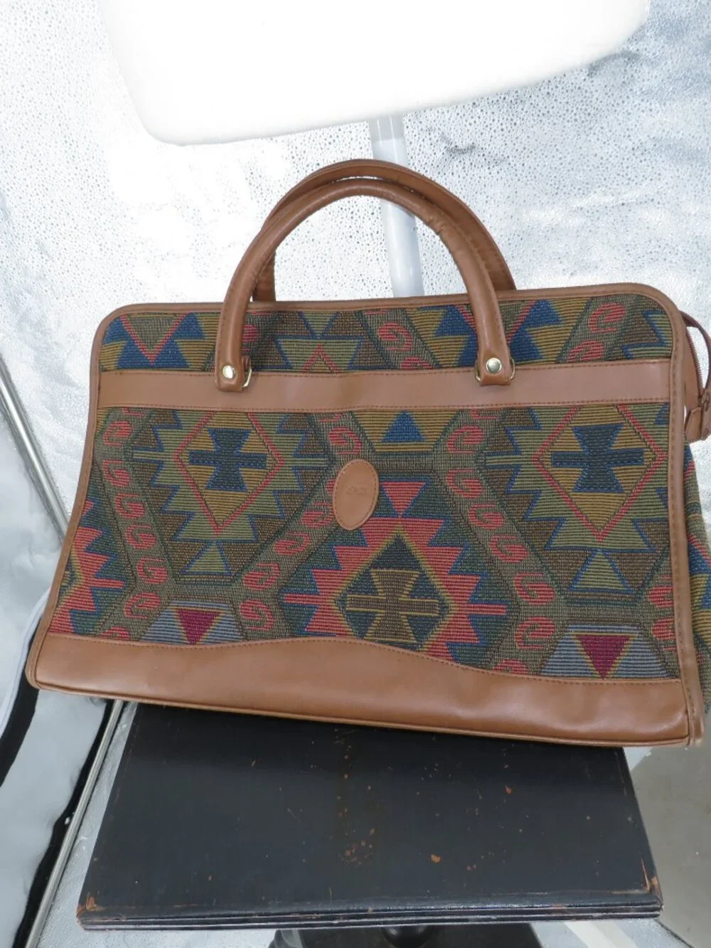 vintage marc chantal tapestry brief case brown geometric travel bag medium large